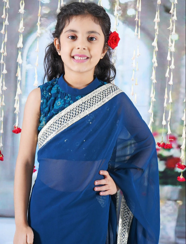 Blue Floral Georgette Saree