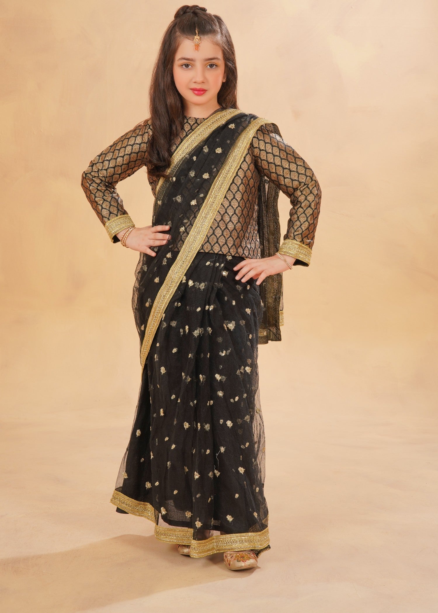Kids Black Jamawaar Saree