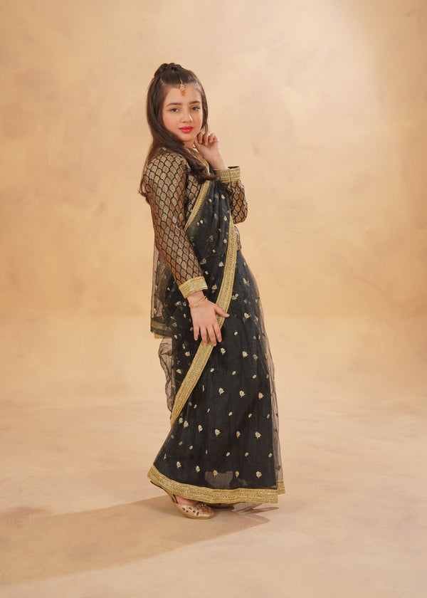 Kids Black Jamawaar Saree