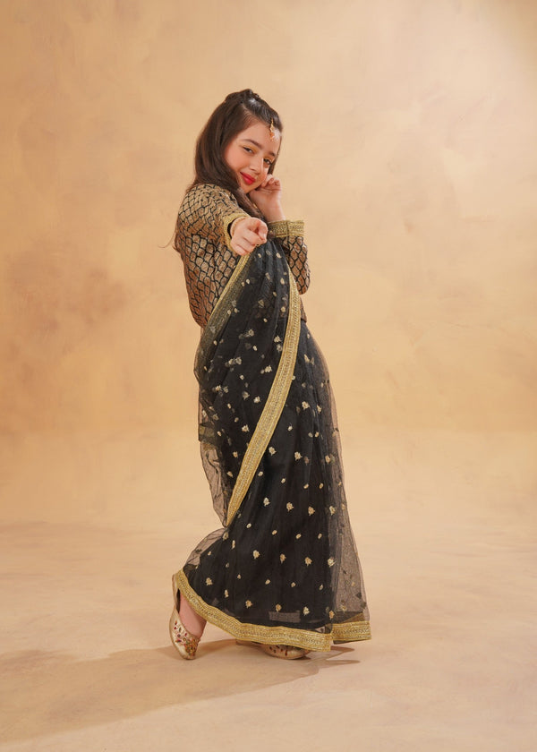 Kids Black Jamawaar Saree